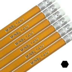 Yellow school pencils with name. With eraser at the end. Shown here with silver text.