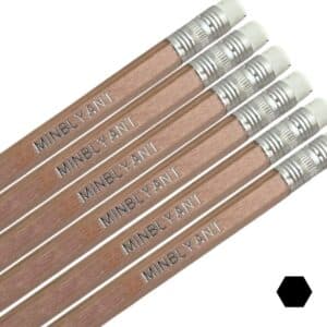 Nature pencils with name. Hexagonal with eraser. Shown here with silver lettering.