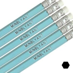 Pastelblå blyanter med navn.