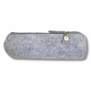 Round felt pencil case in mottled light gray with initial and pendant