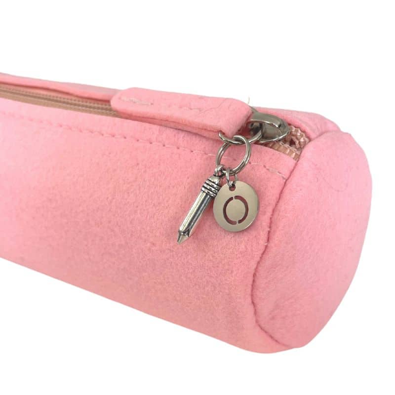 Pink round pencil case in felt with initial and pendant of your choice