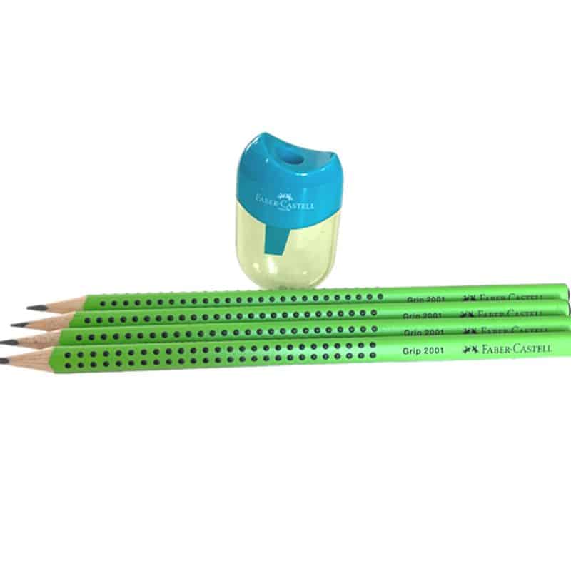 Tilby eplegrønne blyanter fra Faber-Castell med grep. Inkl. blyantspisser.