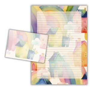 Søde huse i pastelfarver på A4 brevpapir