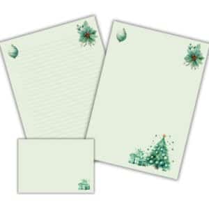 Enkelt design juletræ på grøn baggrund. A4 julebrevpapir med minimalistisk skandinavisk juletræsdesign.