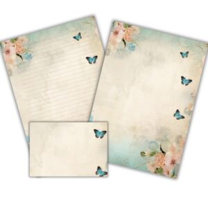 Vintage brevpapir med fine blå sommerfugleillustrationer