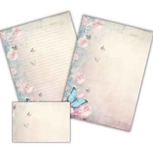 Vintage brevpapir dekoreret med blå og lyserøde sommerfugle