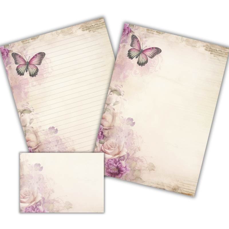Vintage brevpapir dekoreret med blomster og sommerfugle