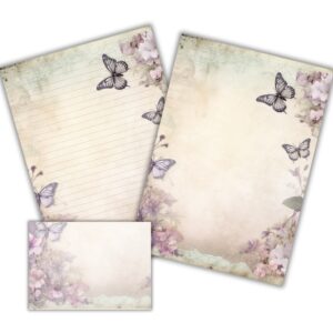 Linjeret og ulinjeret vintage papir dekoreret med lilla sommerfugle på en blomstret baggrund