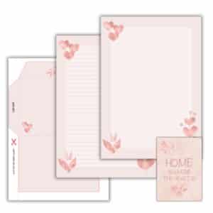 Romantisk brevpapir med rose gold hjerter på lyserød baggrund. Skriv med navneblyant på rose gold hjerte design