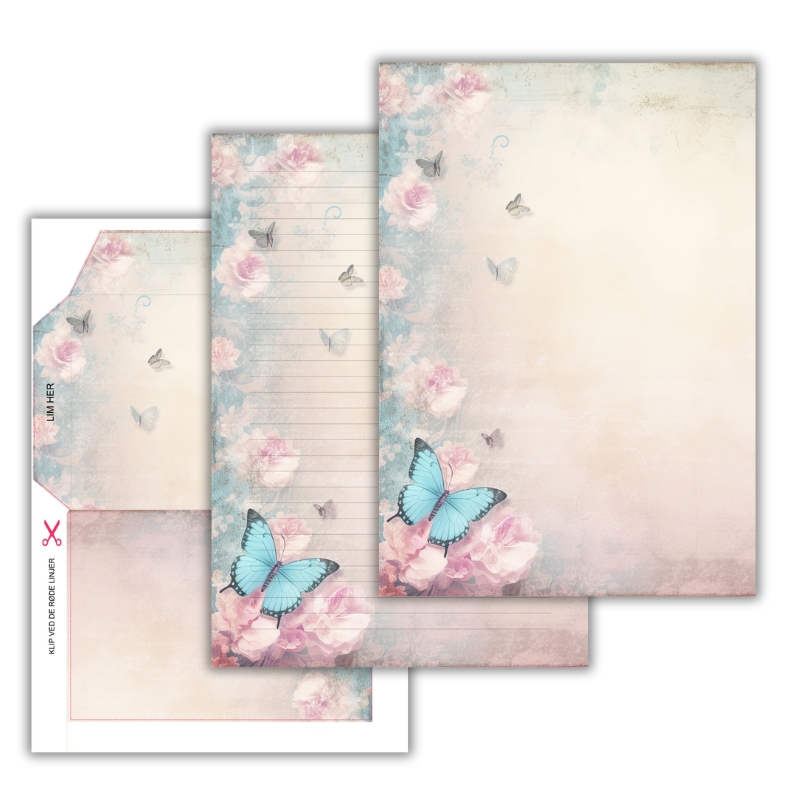 Høj kvalitet scrapbooking ark i vintage stil med blå og lyserøde sommerfugle