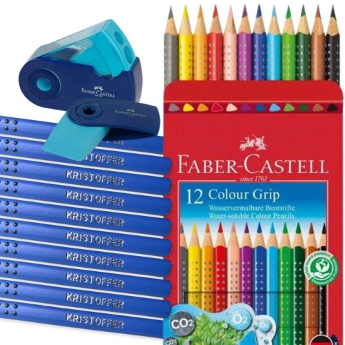 10 stk. blå gripblyanter fra Faber.Castell med navn. Inkl. 12 stk grip farveblyanter med navn og viskelæder og blyantspidser