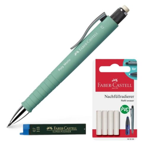 Sæt med grøn stiftblyant, ekstra stifter og ekstra viskelædere.